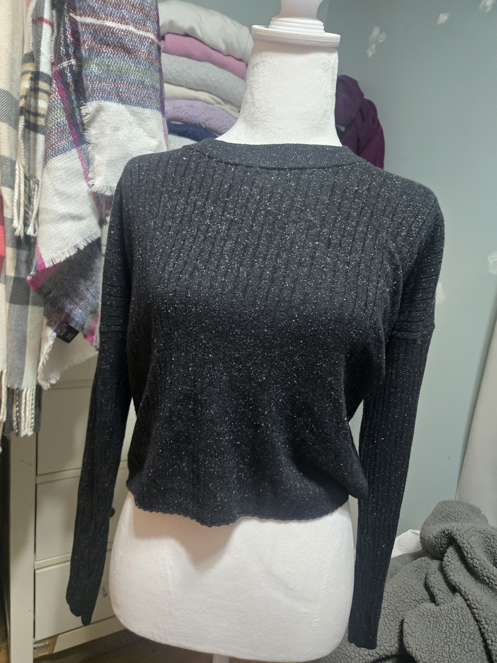 Madewell Dark Grey Ribbed Crewneck Cropped Sweater